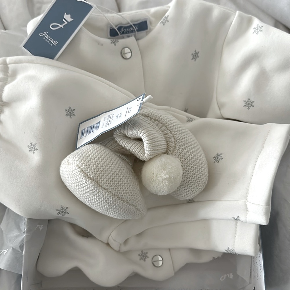 3 piece Jacadi set button long sleeved top, stretch bottoms and booties